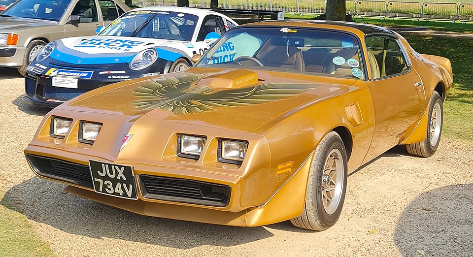 Gold 1979 Pontiac Trans Am with the factory hood bird and 6.6 Litre shaker scoop callout
